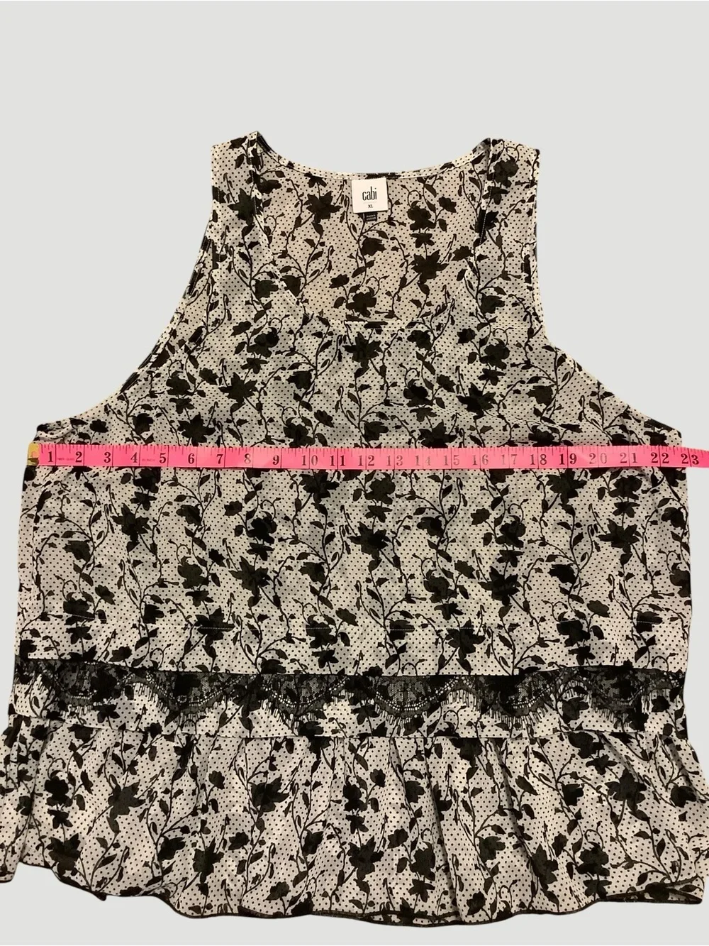 Cabi Black & White Floral Polka Dot Layered Tunic Blouse XL Lace Hem Boho Chic - Picture 7 of 10